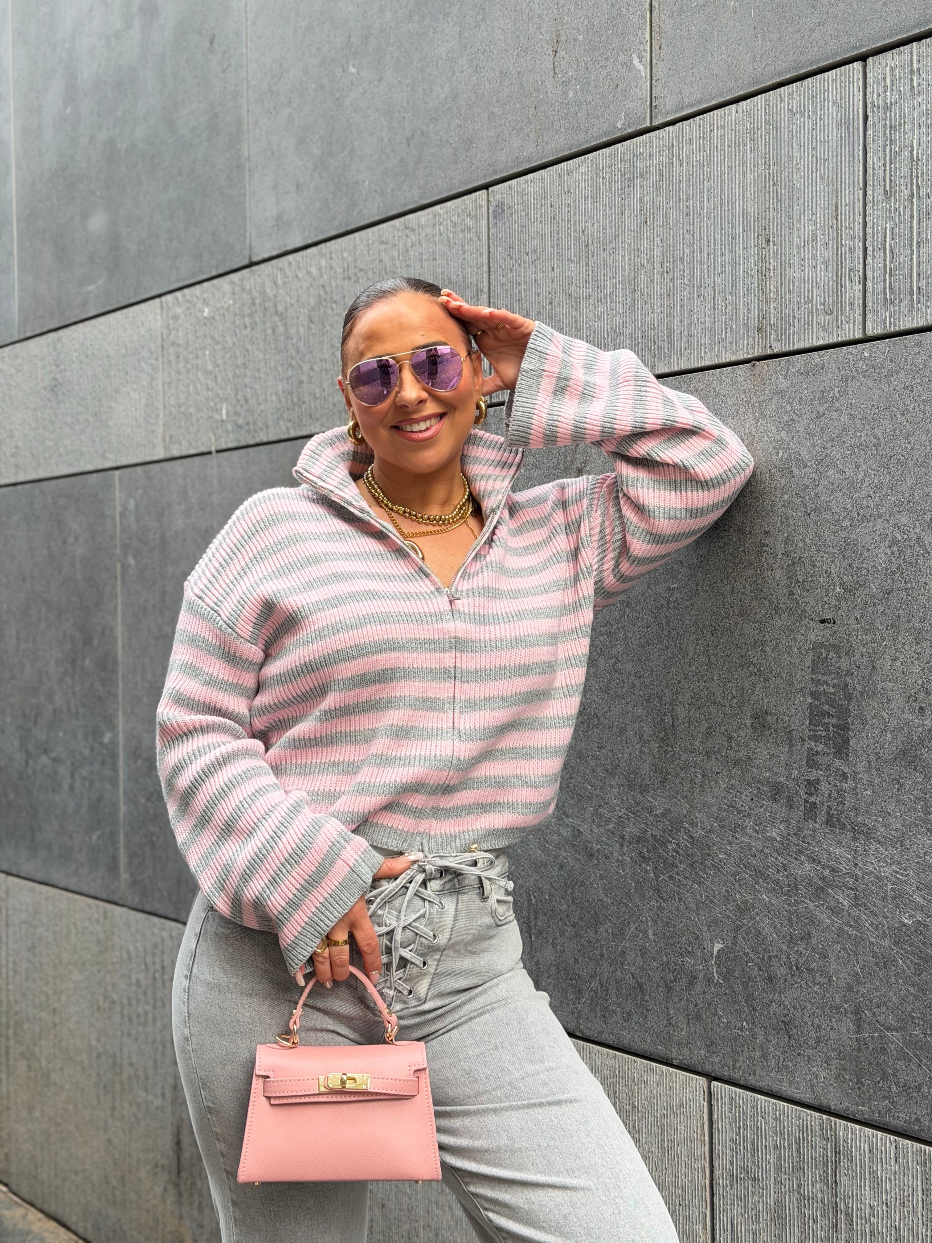 Stripy Zipp Sweat Sweat Grey