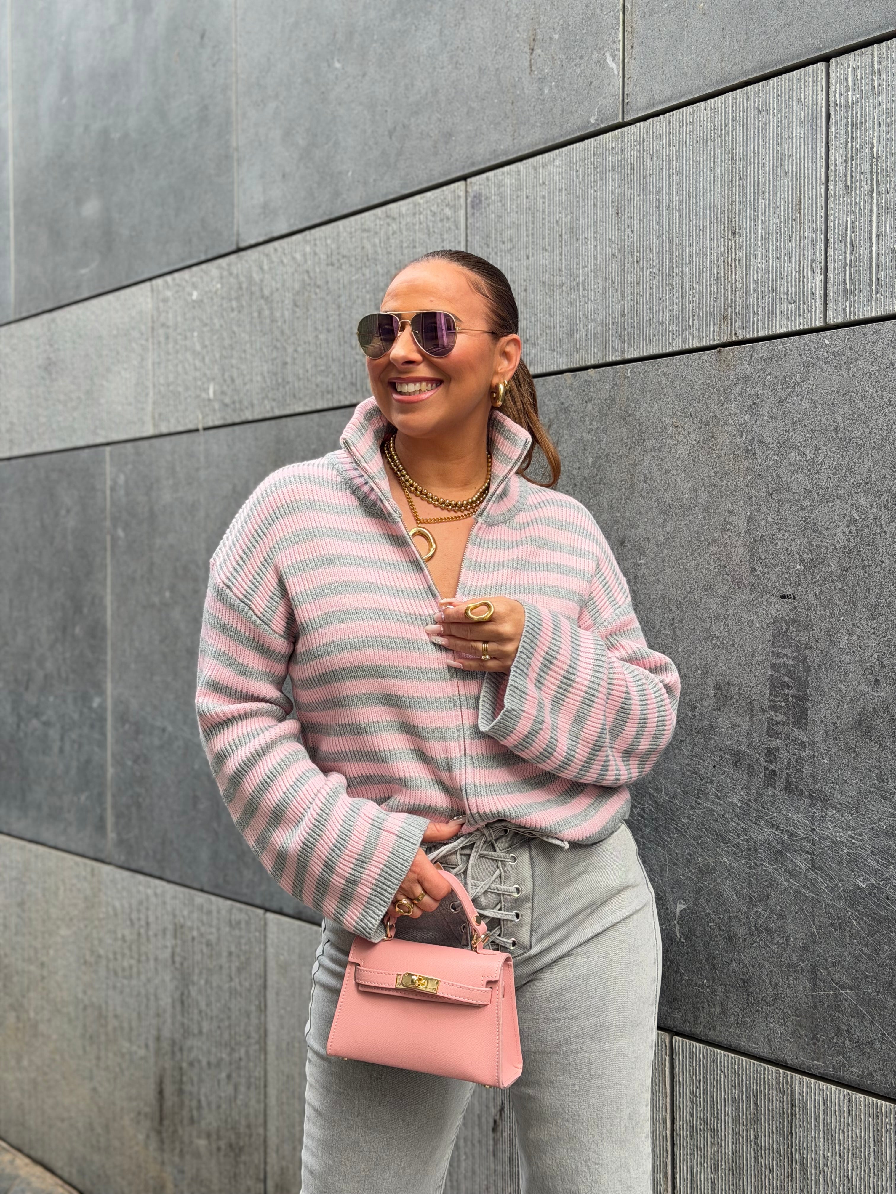 Stripy Zipp Sweat Sweat Grey